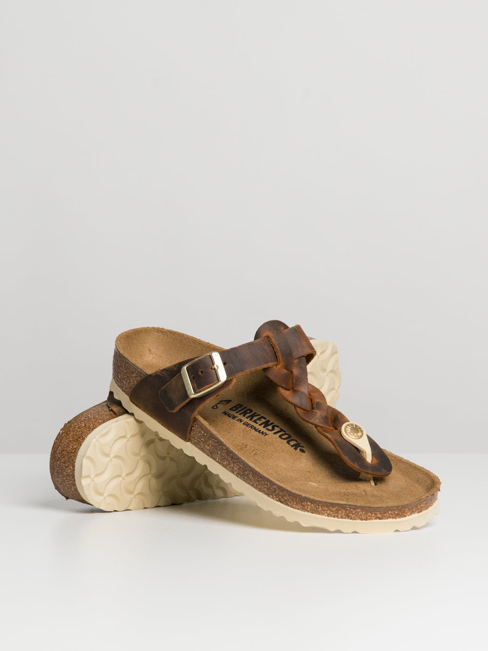 WOMENS BIRKENSTOCK GIZEH BRAIDED LEATHER SANDALS - REGULAR - COGNAC