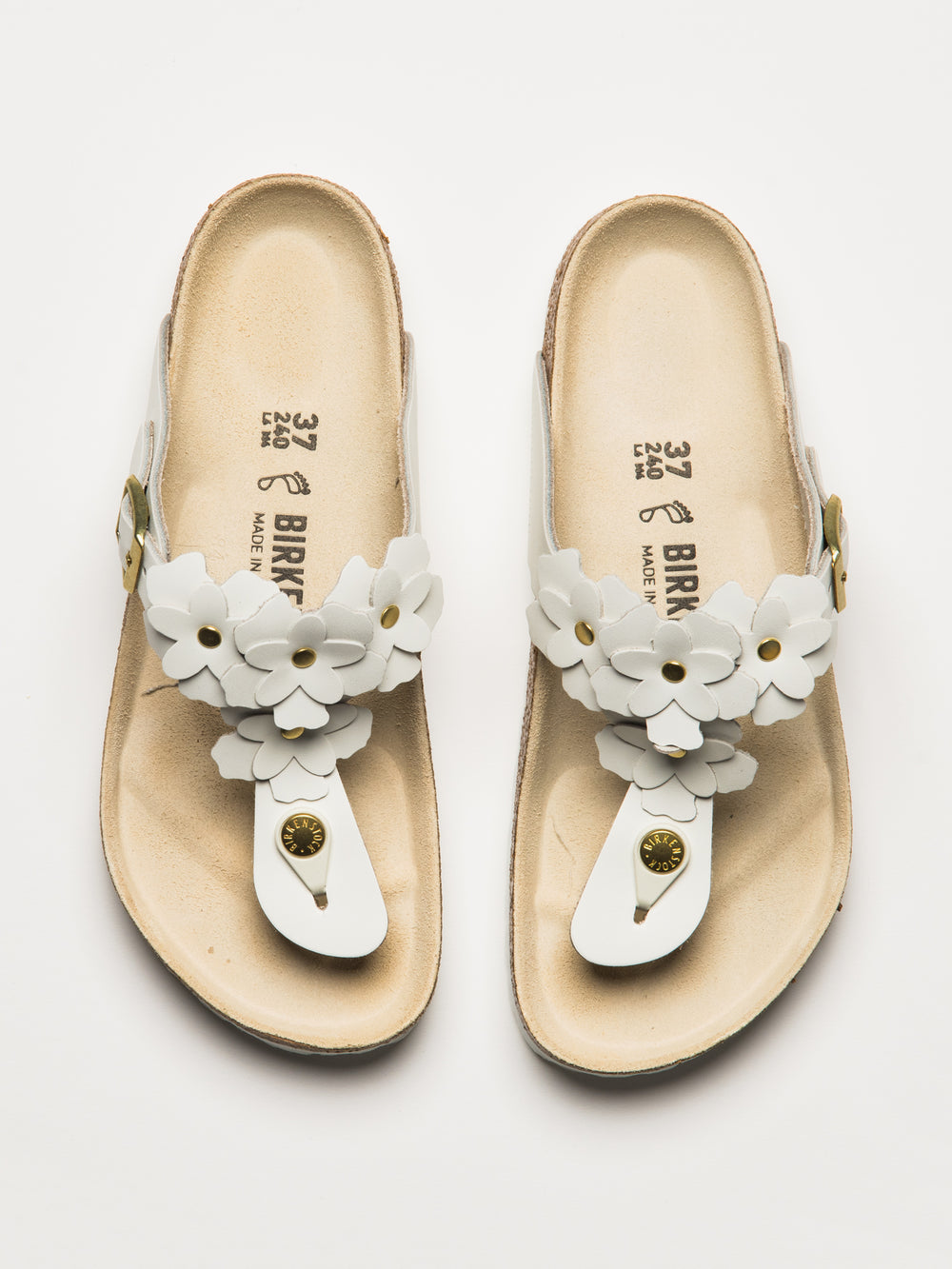 WOMENS BIRKENSTOCK GIZEH FLOWER LEATHER SANDALS - REGULAR - WHITE