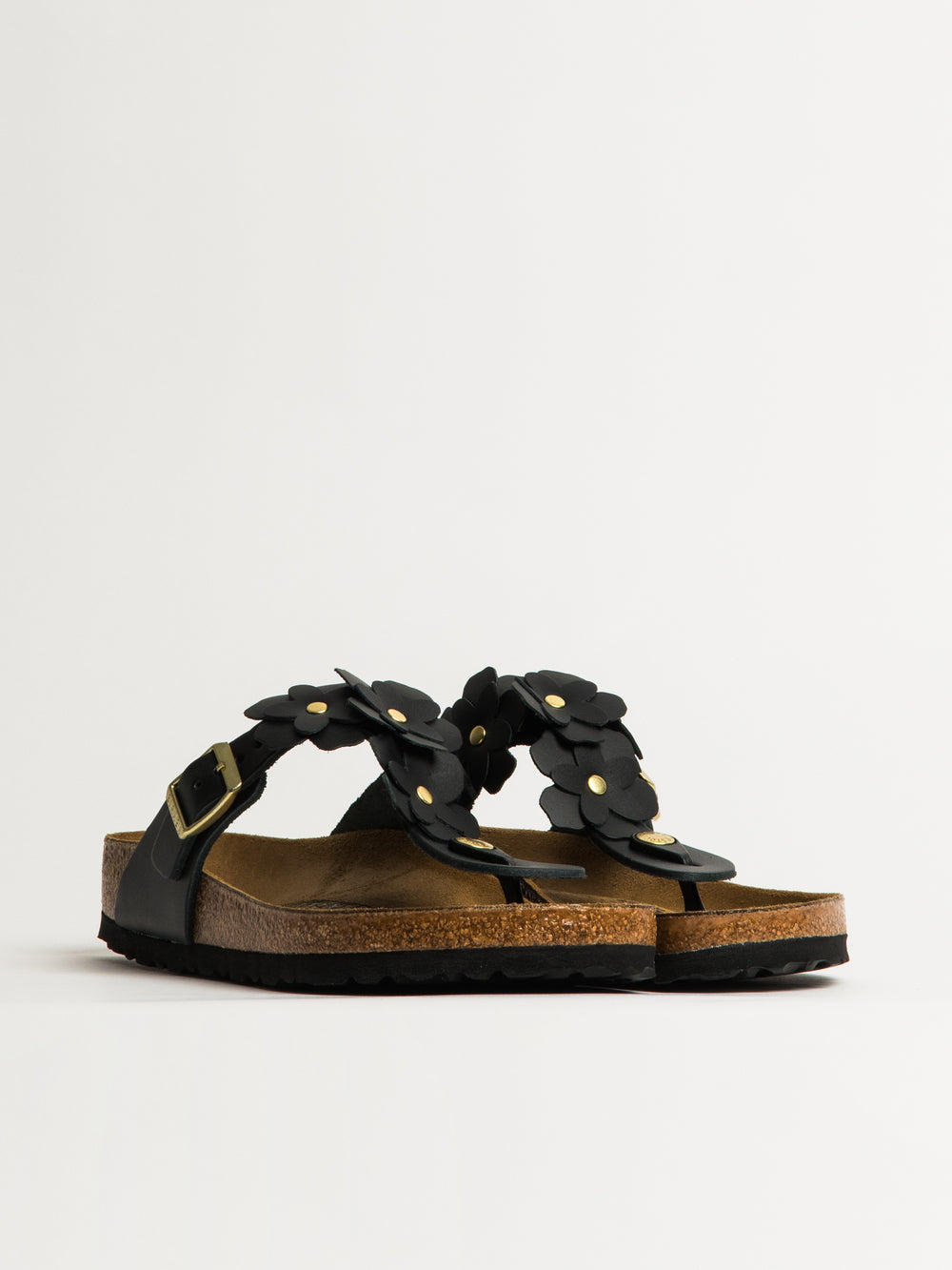 WOMENS BIRKENSTOCK GIZEH FLOWER LEATHER SANDALS - REGULAR - BLACK