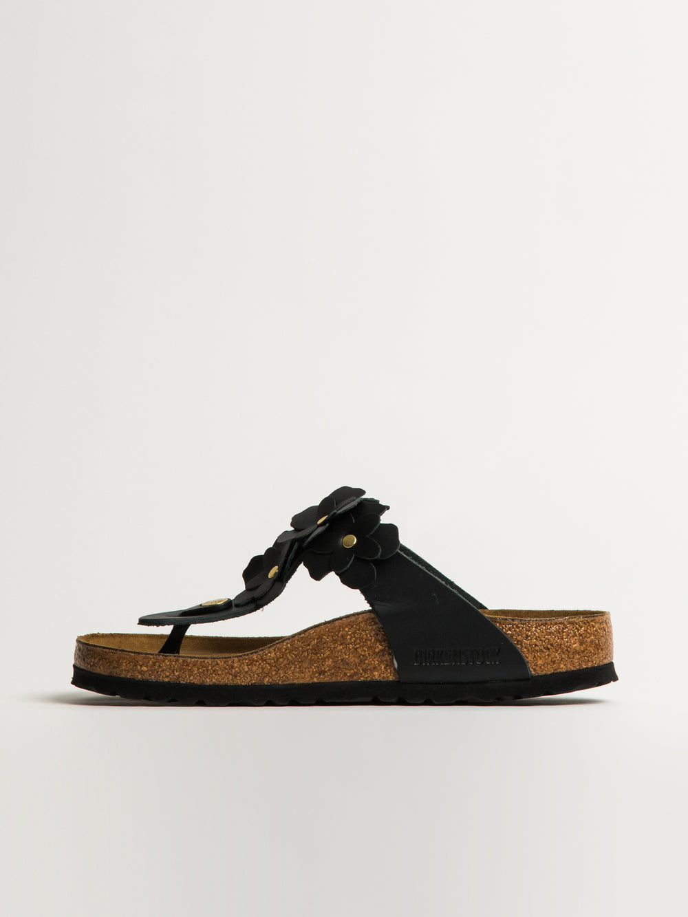 WOMENS BIRKENSTOCK GIZEH FLOWER LEATHER SANDALS - REGULAR - BLACK
