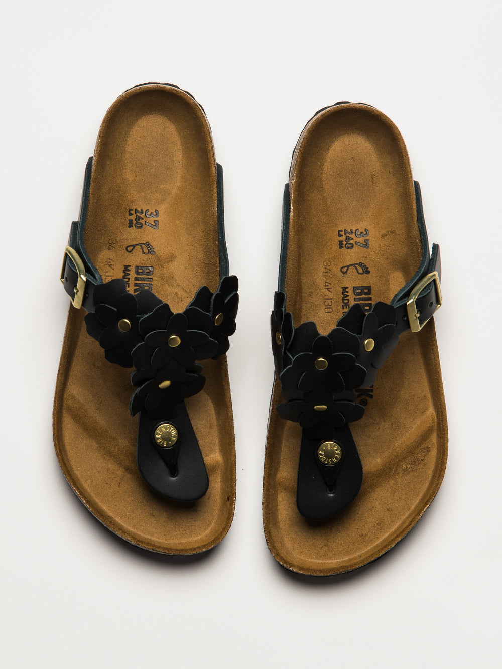 WOMENS BIRKENSTOCK GIZEH FLOWER LEATHER SANDALS - REGULAR - BLACK