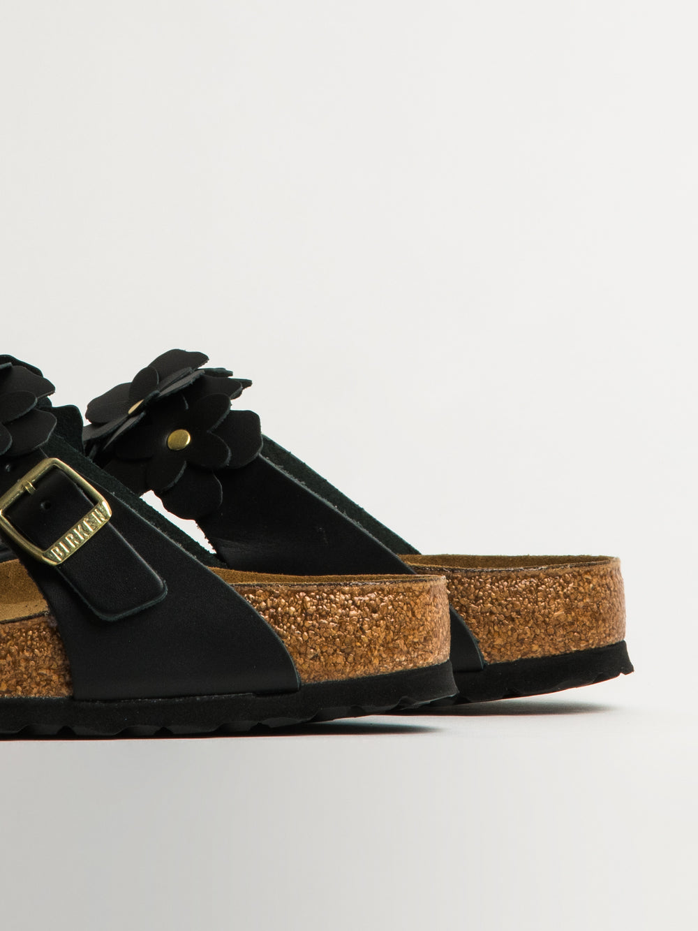 WOMENS BIRKENSTOCK GIZEH FLOWER LEATHER SANDALS - REGULAR - BLACK