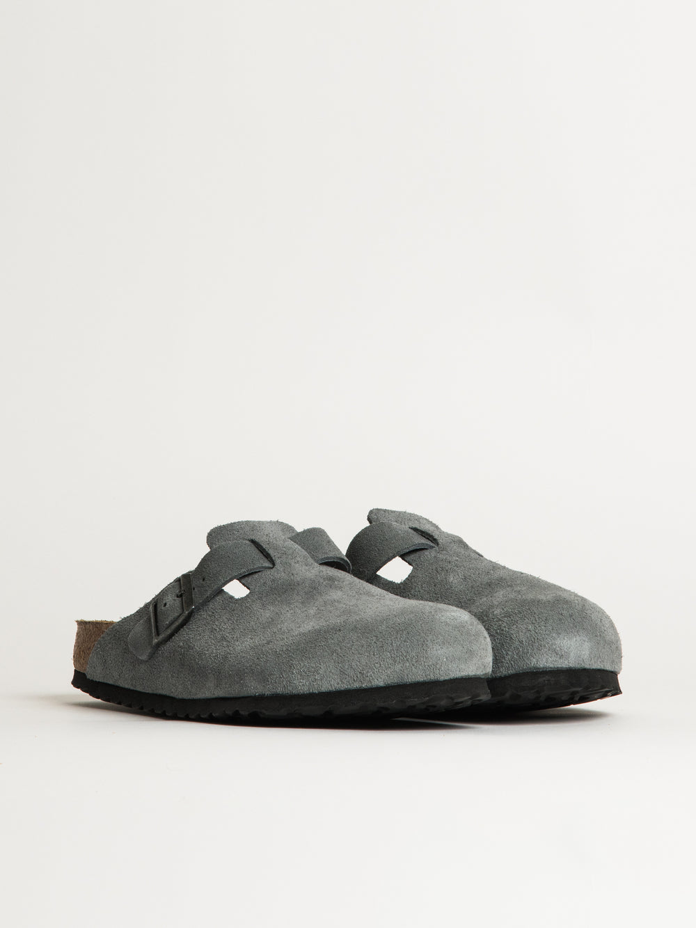 MENS BIRKENSTOCK BOSTON SOFT FOOTBED SUEDE SANDALS - REGULAR - BASALT GREY