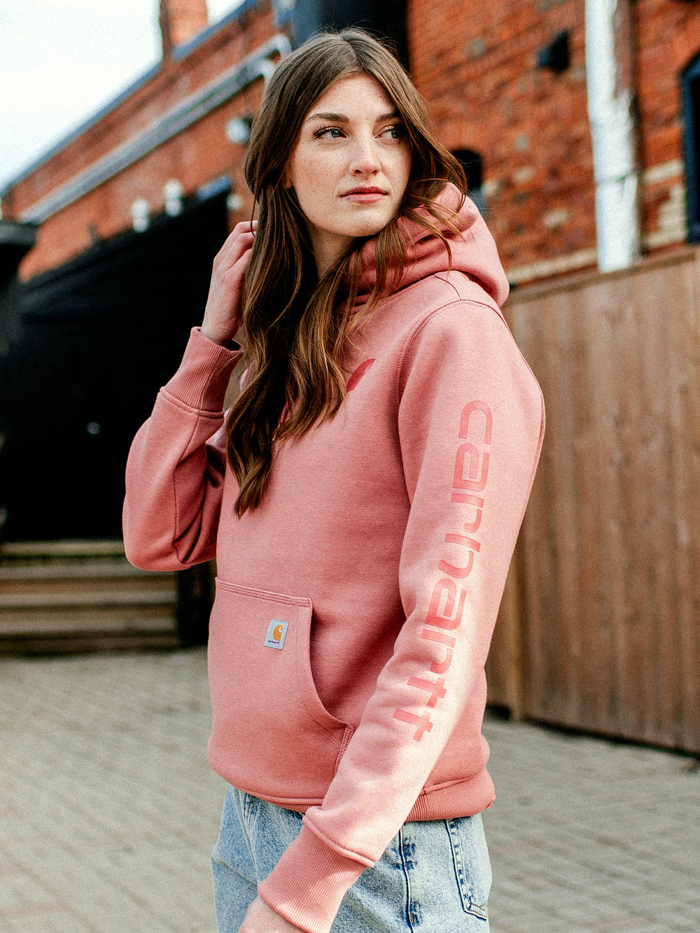 CARHARTT LOGO SLEEVE PULL OVER HOODIE - ROSE