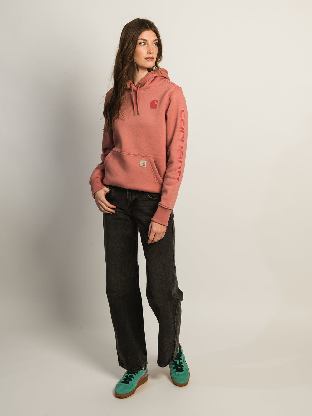 CARHARTT LOGO SLEEVE PULL OVER HOODIE - ROSE