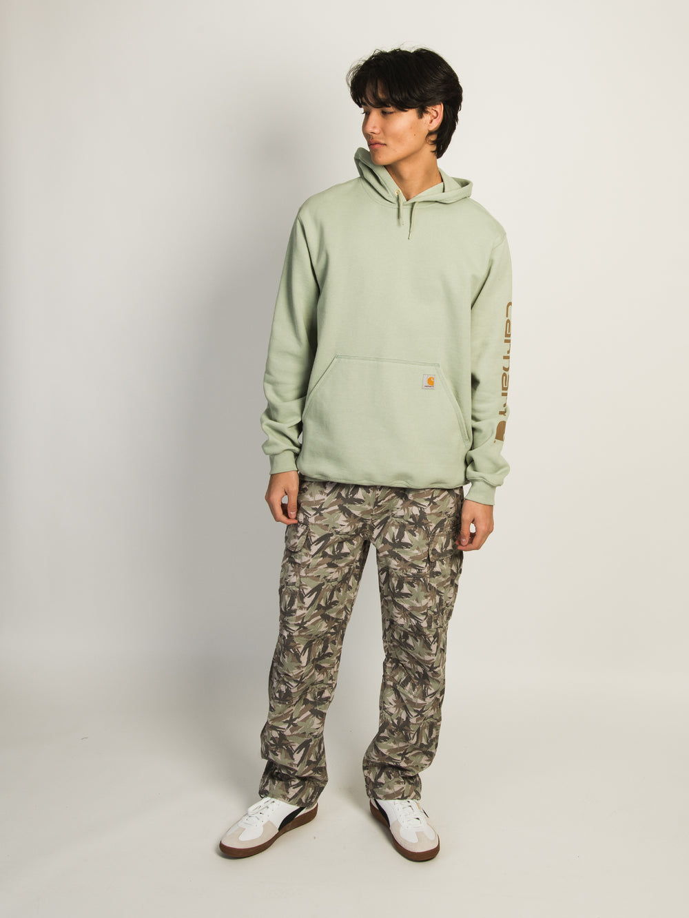 CARHARTT LOGO SLEEVE GRAPHIC PULL OVER HOODIE - SAGE