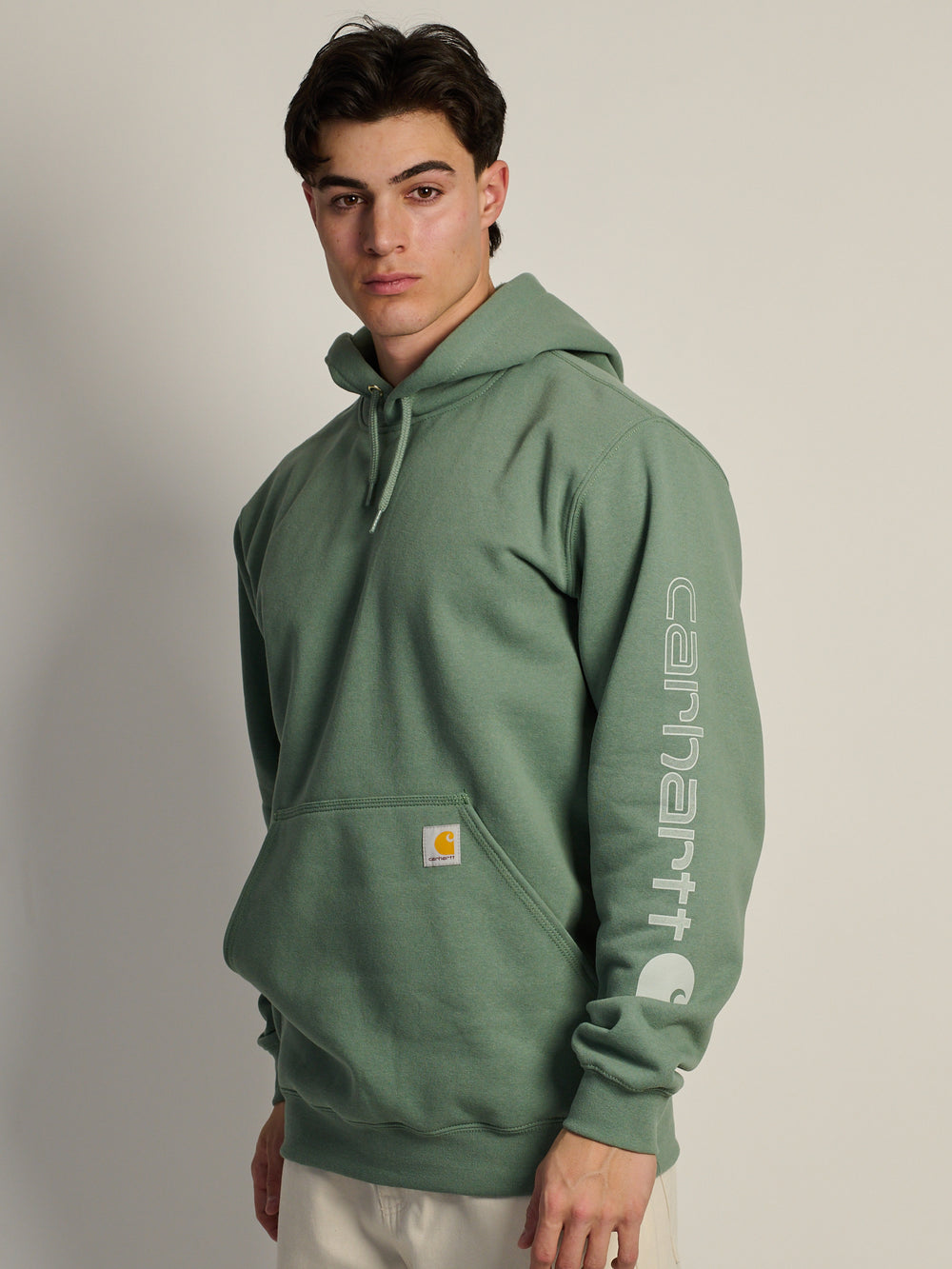 CARHARTT LOGO SLEEVE PULL OVER HOODIE - GREEN FOG