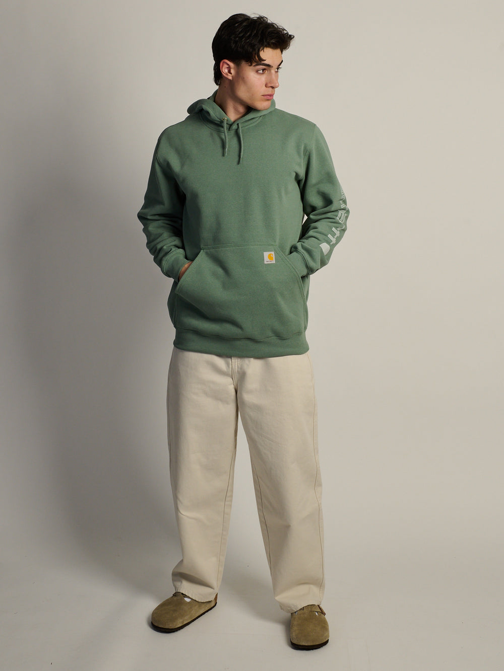 CARHARTT LOGO SLEEVE PULL OVER HOODIE - GREEN FOG