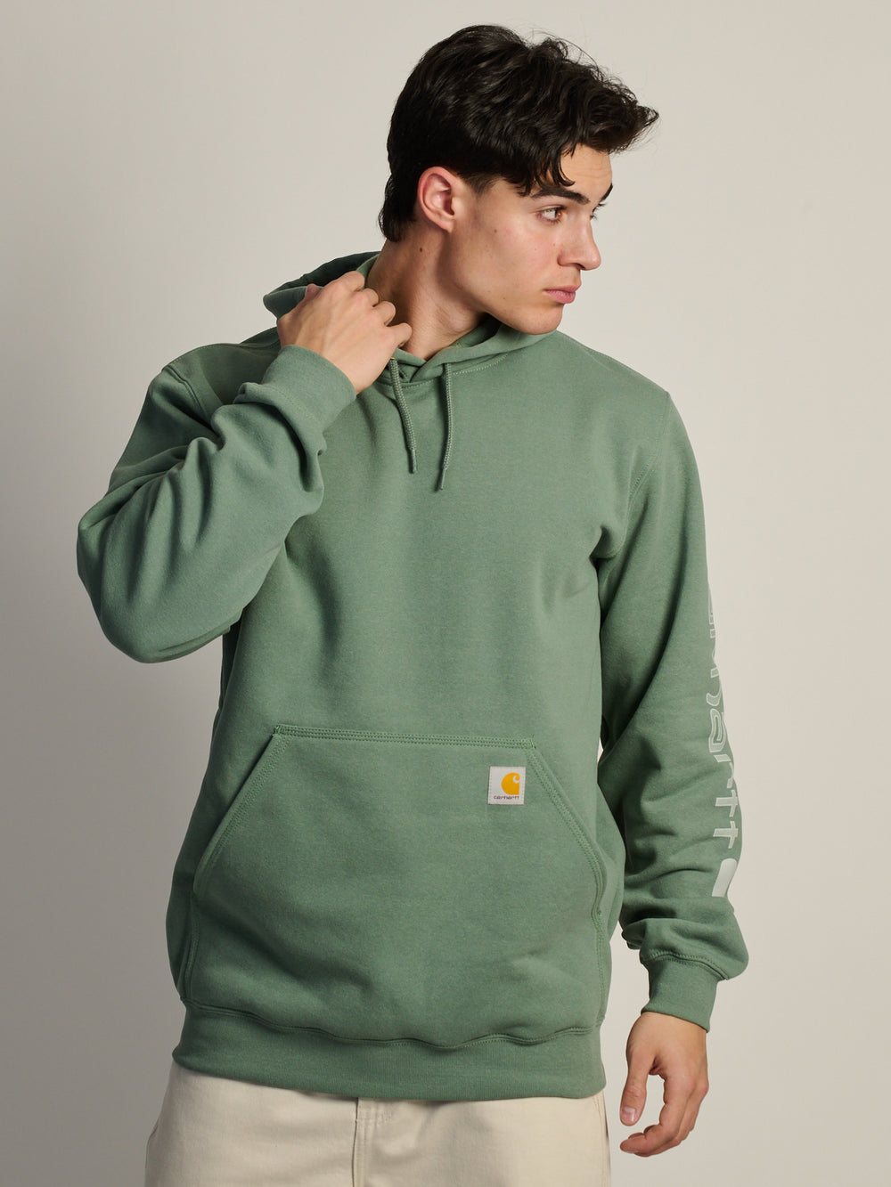 CARHARTT LOGO SLEEVE PULL OVER HOODIE - GREEN FOG