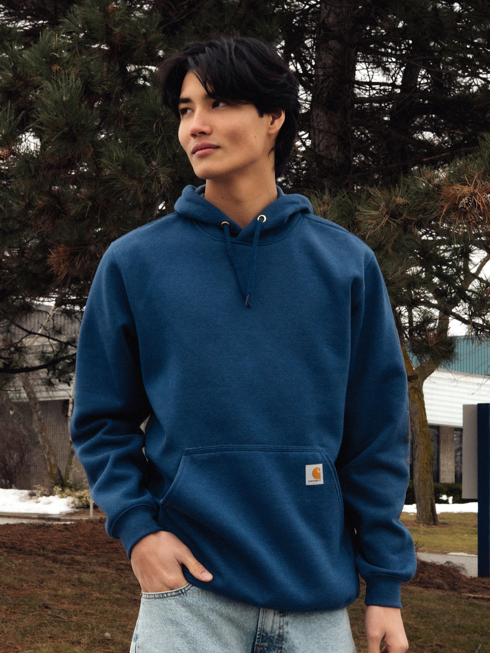CARHARTT LOGO SLEEVE GRAPHIC PULL OVER HOODIE - OCEAN