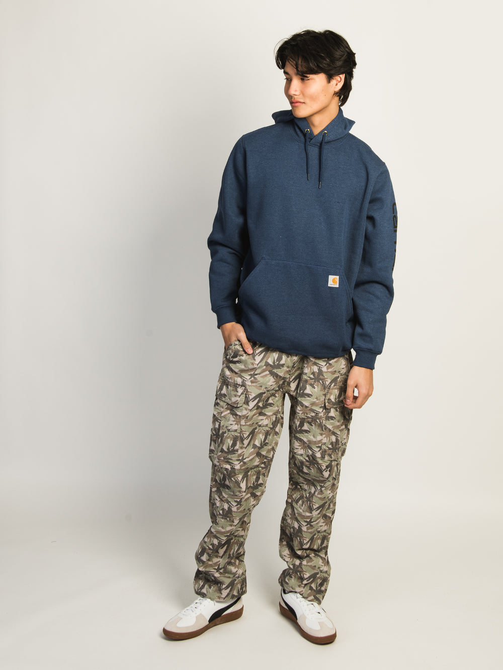 CARHARTT LOGO SLEEVE GRAPHIC PULL OVER HOODIE - OCEAN
