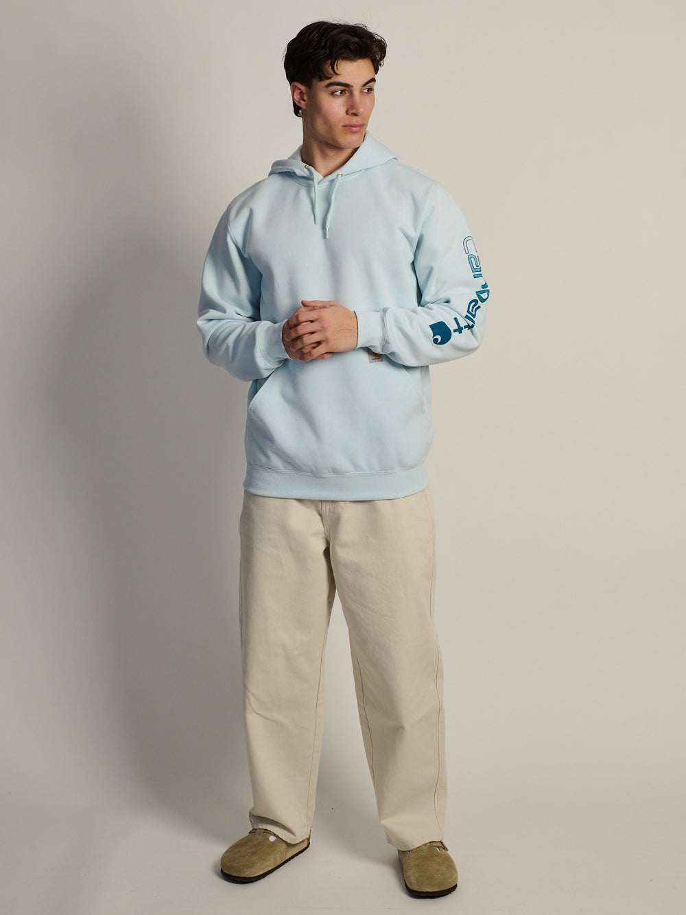 CARHARTT LOGO SLEEVE PULL OVER HOODIE - FOG