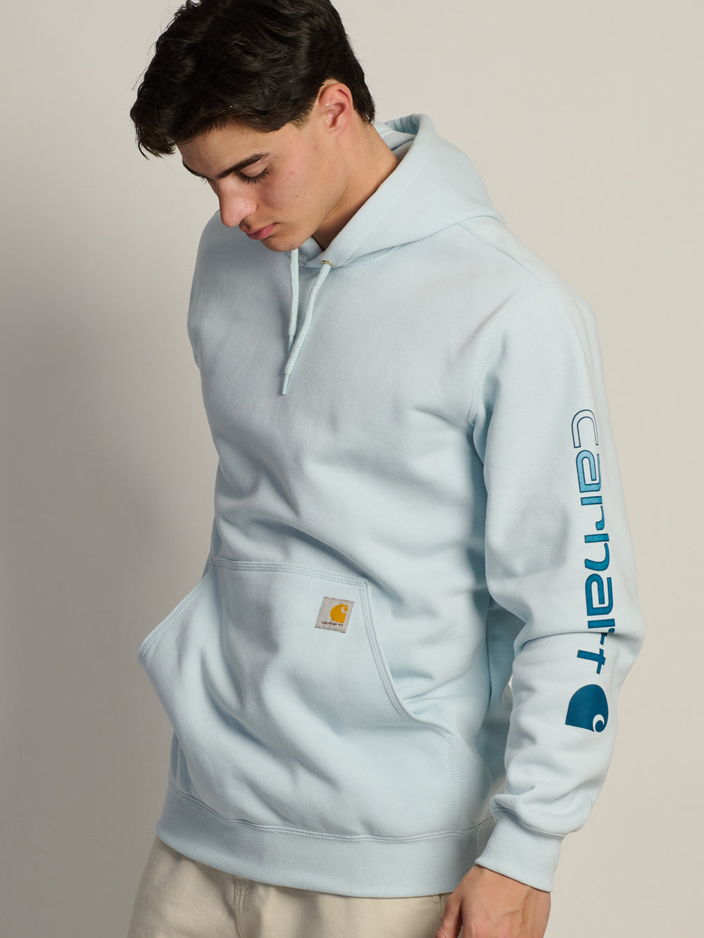 CARHARTT LOGO SLEEVE PULL OVER HOODIE - FOG