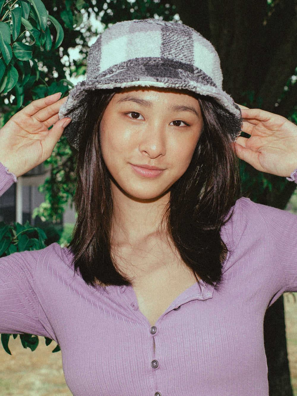 DLG BUCKET HAT - BLACK/WHITE PLAID SHERPA - CLEARANCE