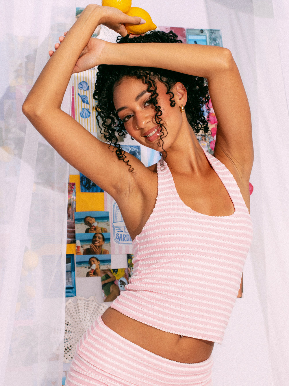 HARLOW MELANI HALTER TOP - PINK/WHITE