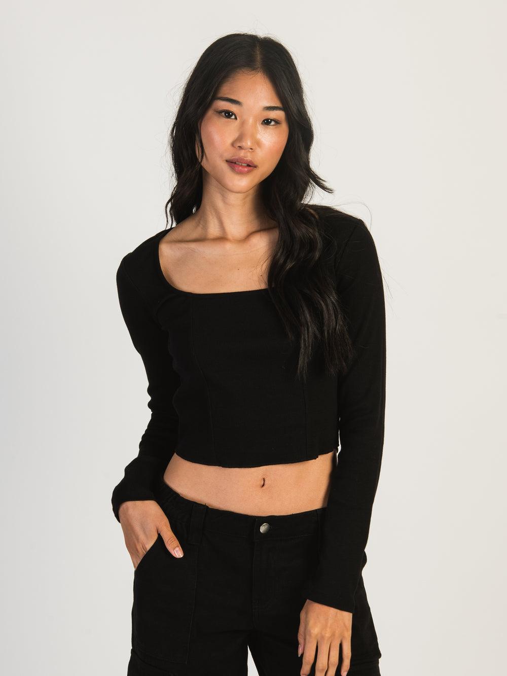 HARLOW SQUARE NECK LONGSLEEVE - BLACK - CLEARANCE