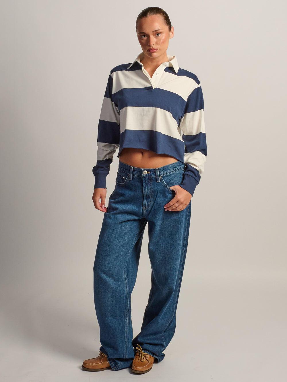 HARLOW RORY CROPPED RUGBY LONG SLEEVE - MARINE/BLANC