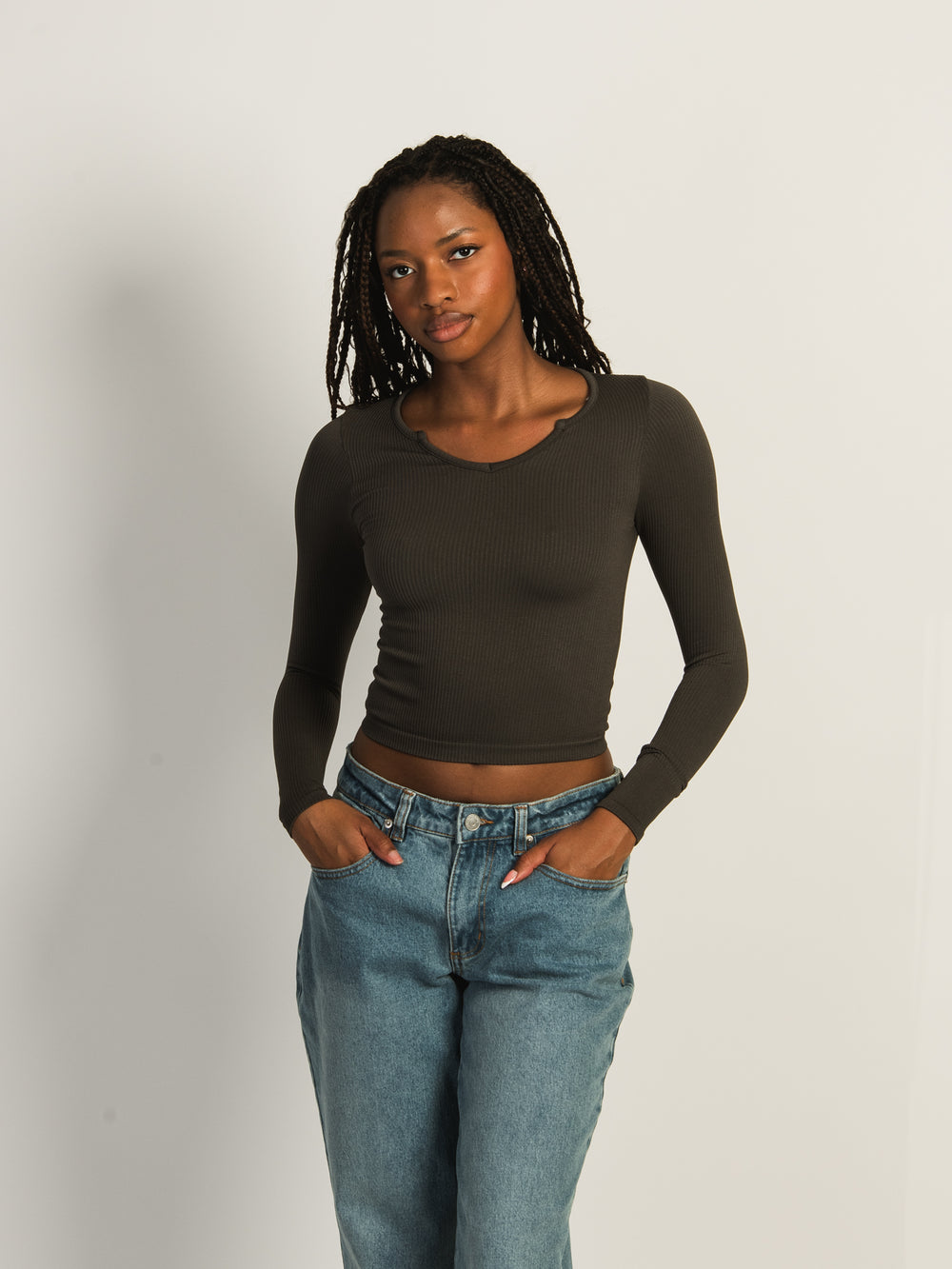 HARLOW HARPER NOTCH LONG SLEEVE - CHARCOAL - CLEARANCE