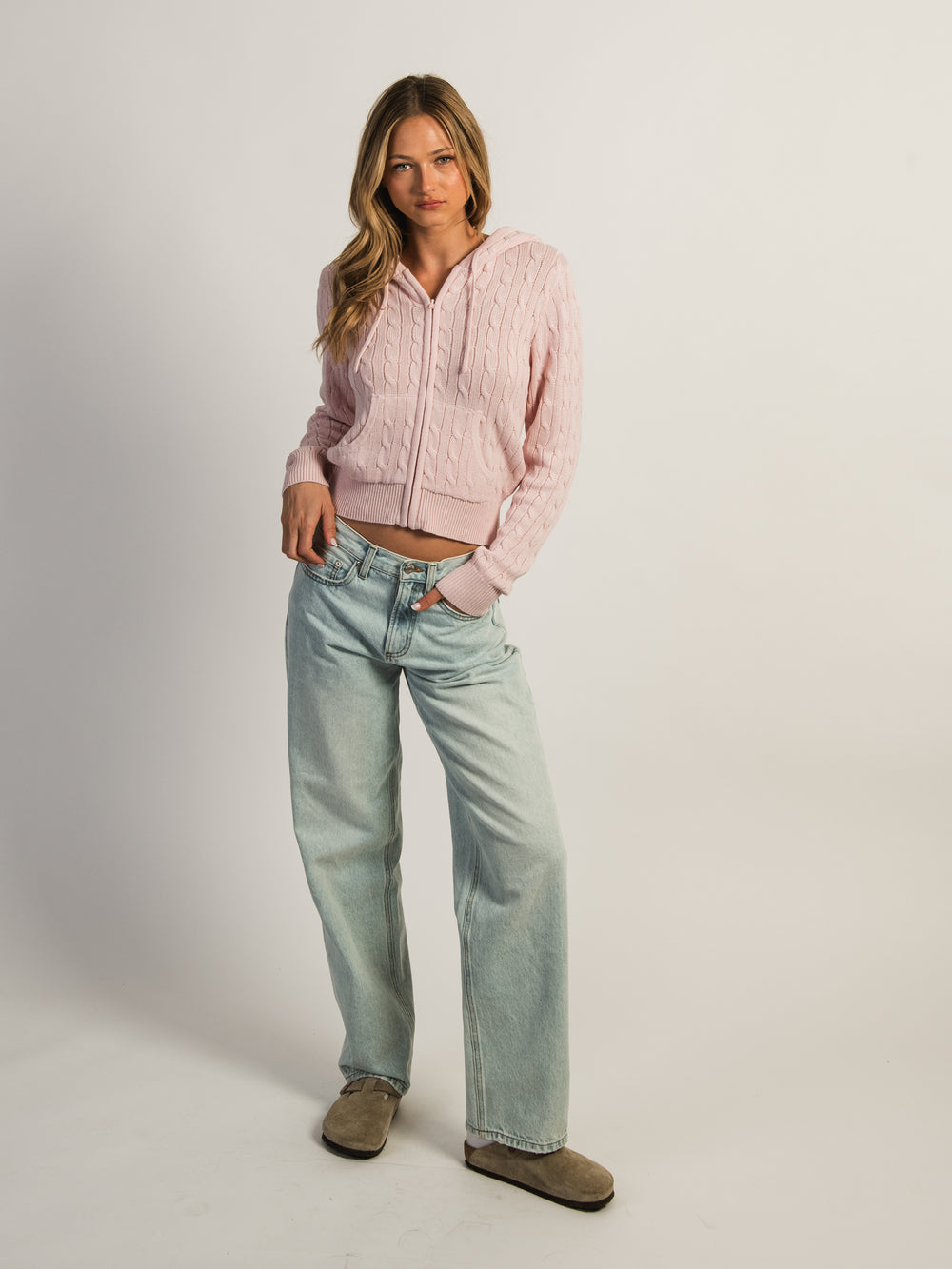 HARLOW MAUDE CABLE KNIT ZIP UP - BABY PINK