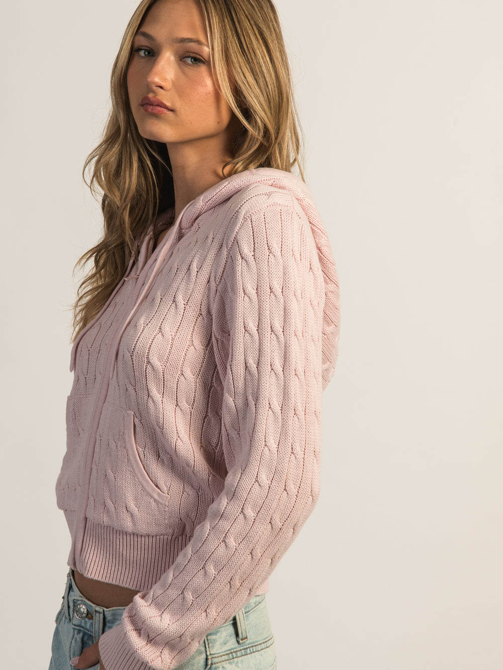 HARLOW MAUDE CABLE KNIT ZIP UP - BABY PINK