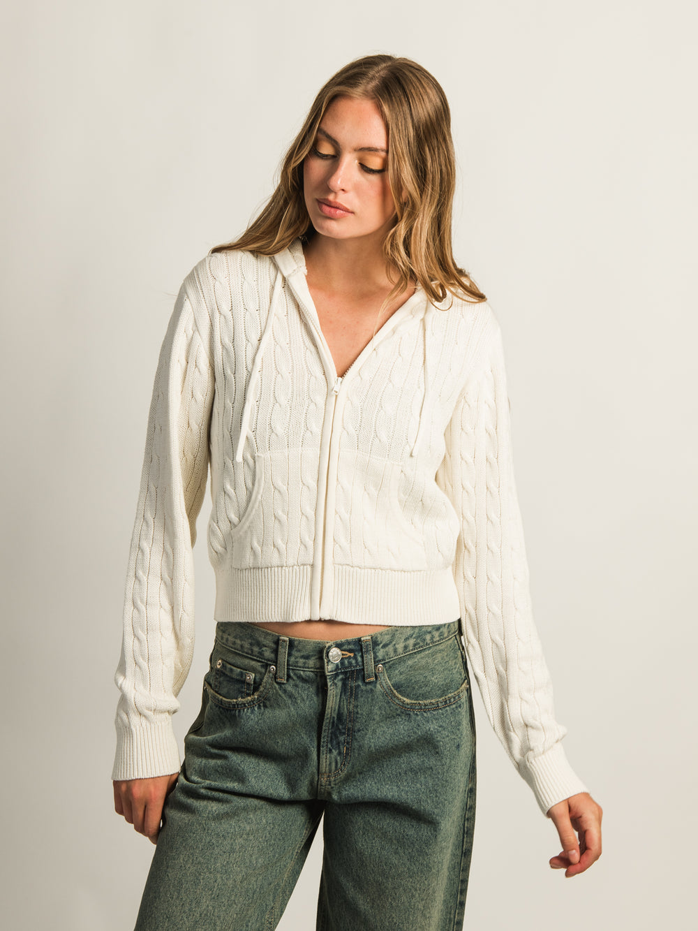 HARLOW MAUDE CABLE KNIT ZIP-UP - OFF WHITE