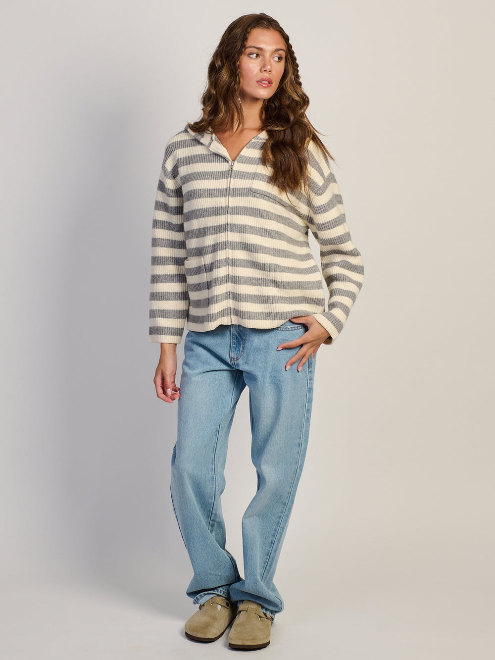 HARLOW CHARLI KNIT ZIP - GRIS/BLANC