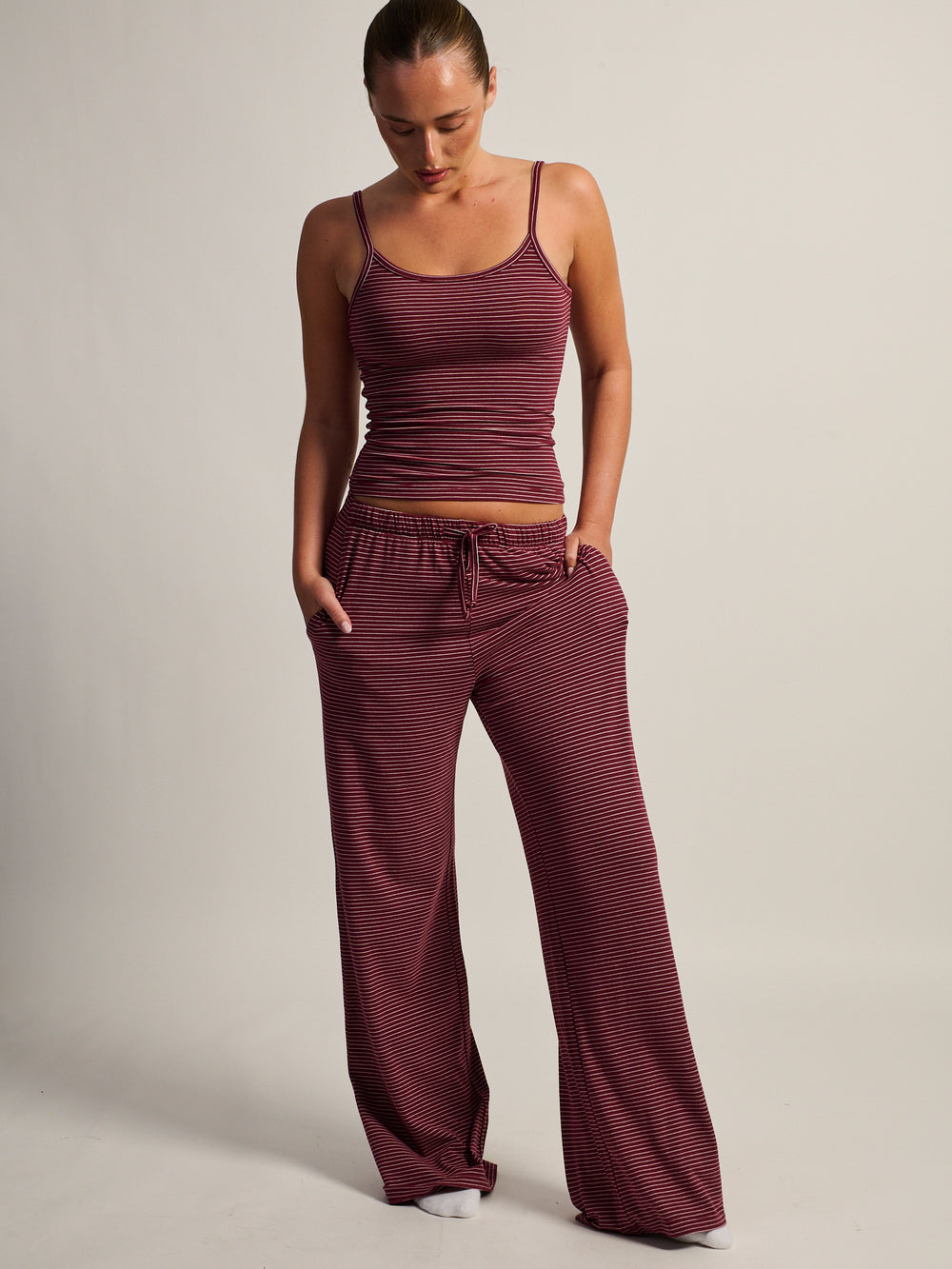 HARLOW SUNNI STRIPE JERSEY PANT - BURGUNDY