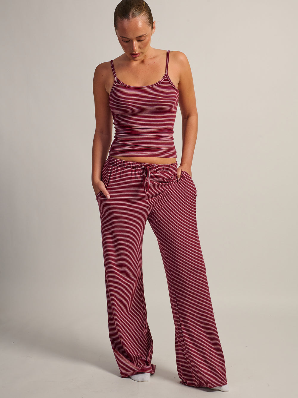 HARLOW SUNNI STRIPE JERSEY PANT - BURGUNDY