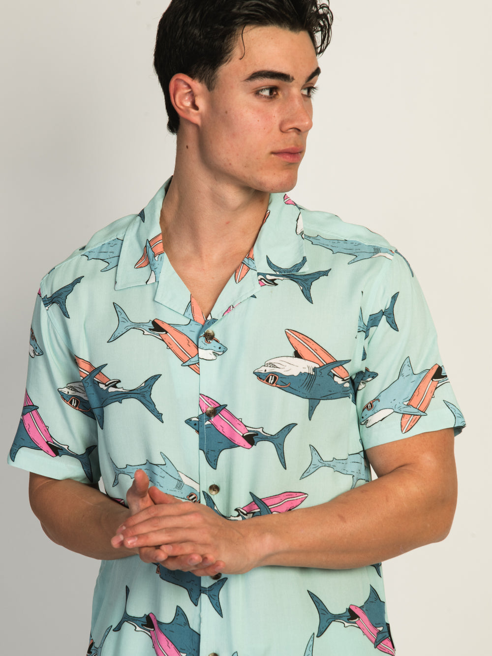 ISLAND HAZE SURFING SHARK SHORT SLEEVE WOVEN SHIRT - AQUA