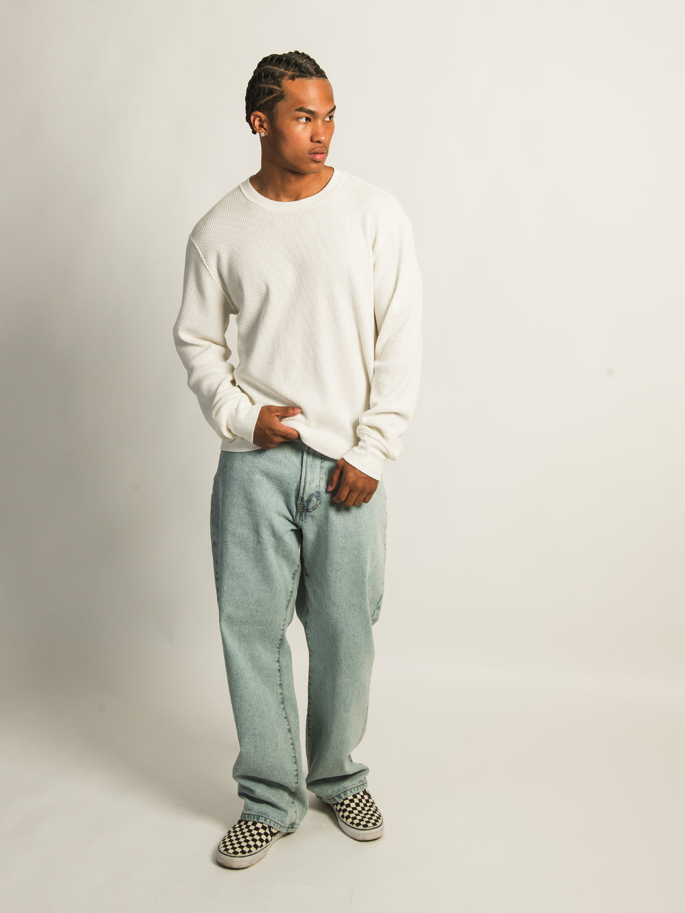 KOLBY SHORT CUT LONG SLEEVE WAFFLE SHIRT - OFF WHITE