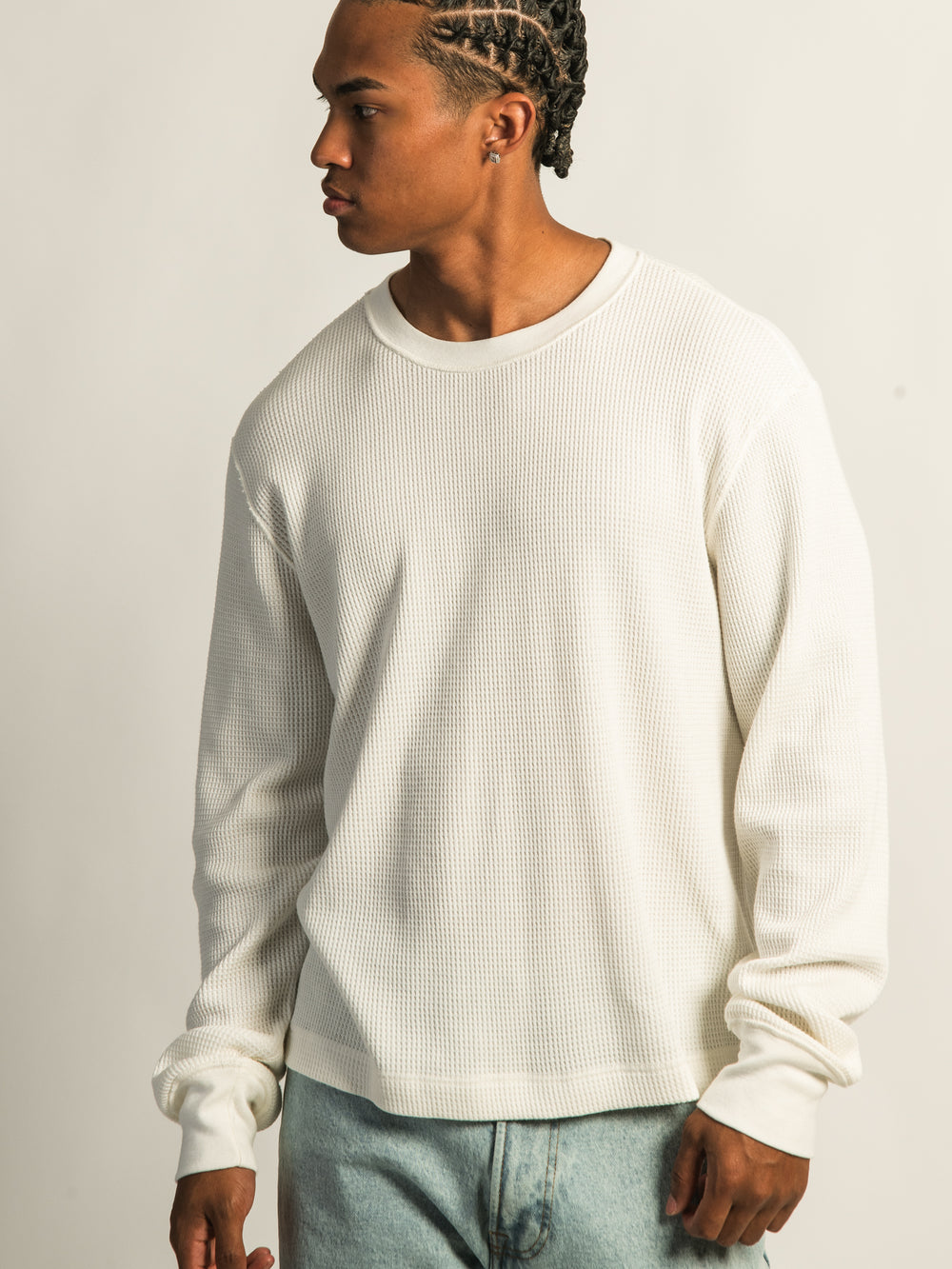 KOLBY SHORT CUT LONG SLEEVE WAFFLE SHIRT - OFF WHITE