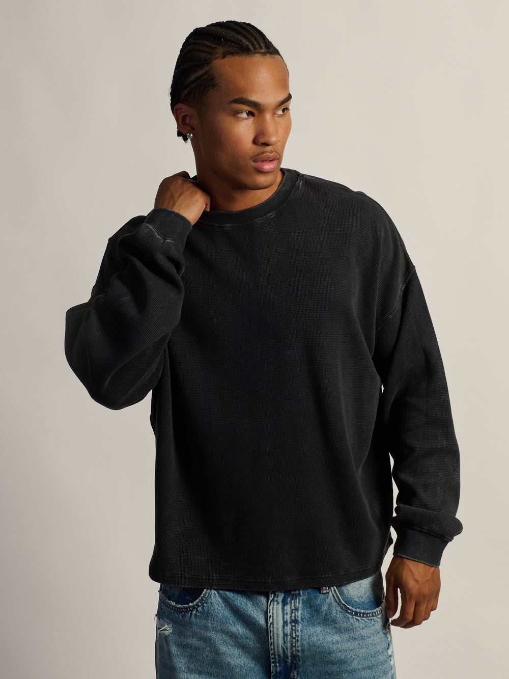 KOLBY HEAVYWEIGHT LONG SLEEVE WAFFLE TEE - BLACK