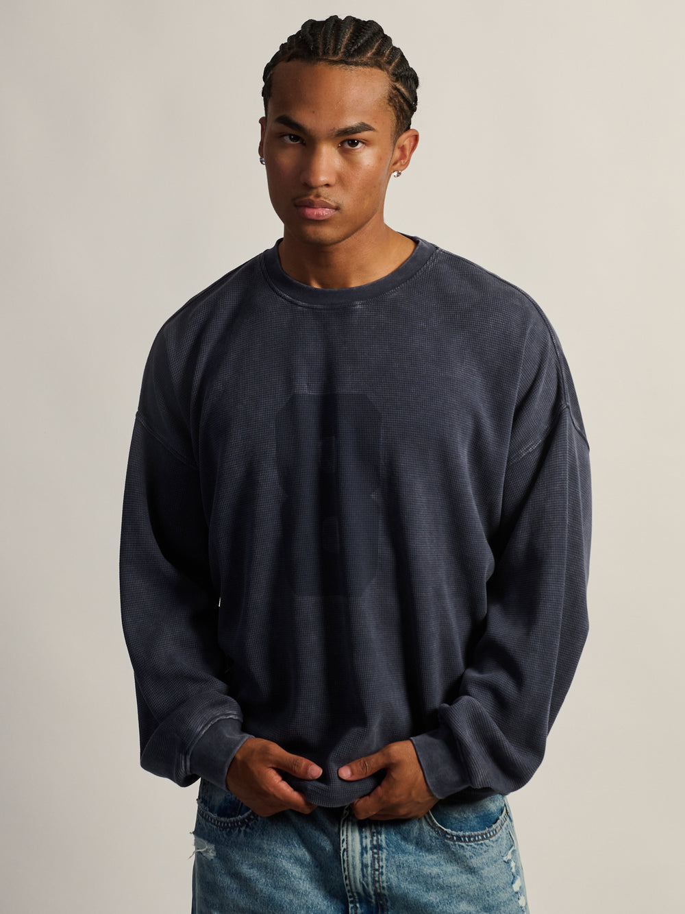 KOLBY T-SHIRT GAUFRÉ À MANCHES LONGUES LOURDES - CARBONE MARINE
