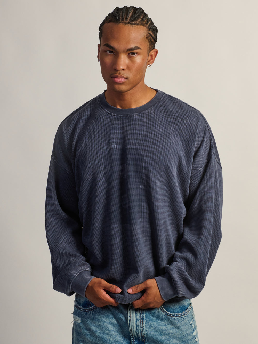KOLBY T-SHIRT GAUFRÉ À MANCHES LONGUES LOURDES - CARBONE MARINE