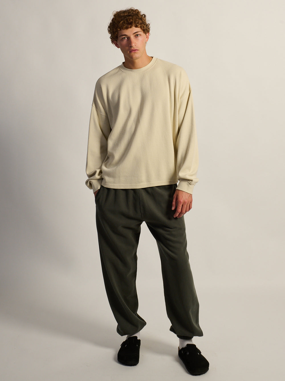 KOLBY HEAVYWEIGHT LONG SLEEVE WAFFLE TEE - OFF WHITE