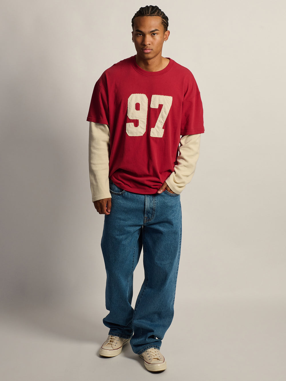 KOLBY LONG SLEEVE WAFFLE FOOTBALL T-SHIRT - RED