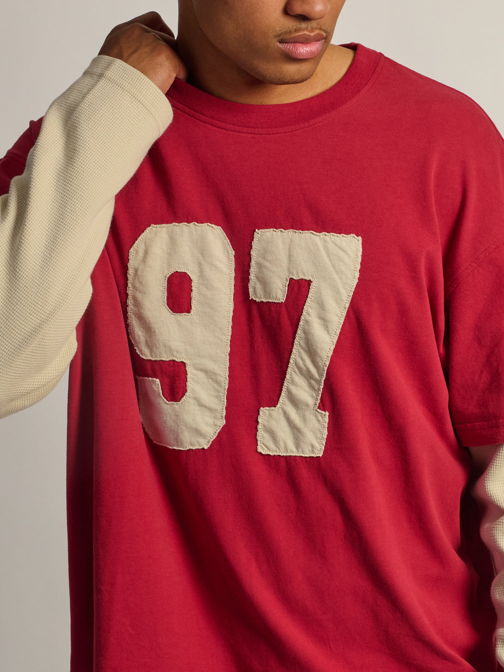 T-SHIRT LONG SLEEVE WAFFLE FOOTBALL - ROUGE