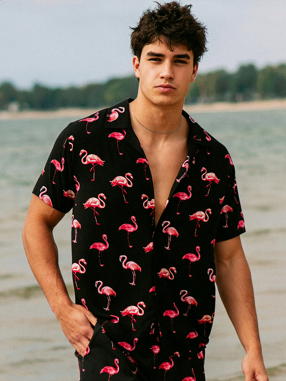 KOLBY FLAMINGO WOVEN SHIRT - BLACK