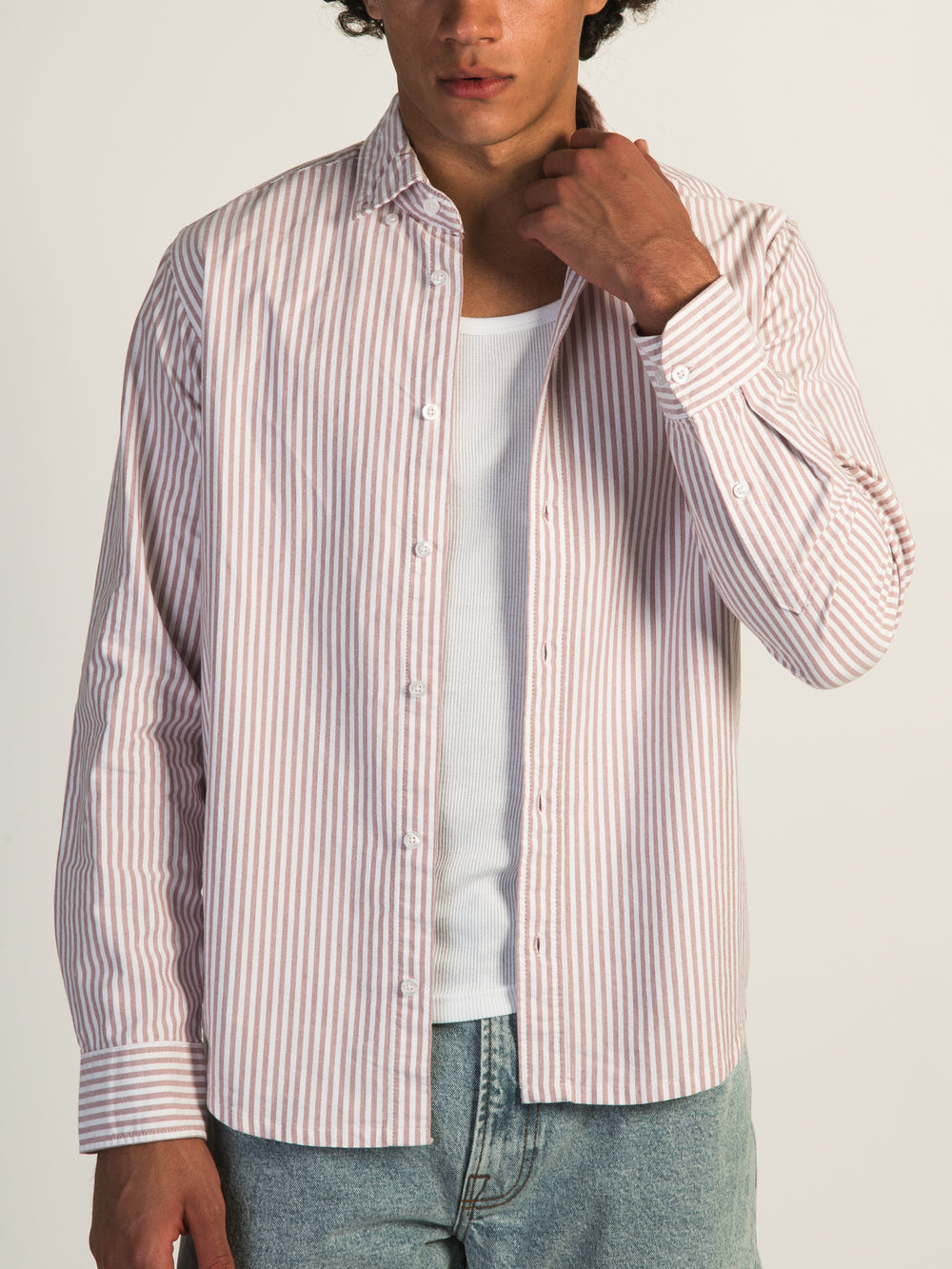 KOLBY STRIPED OXFORD SHIRT - CORAL