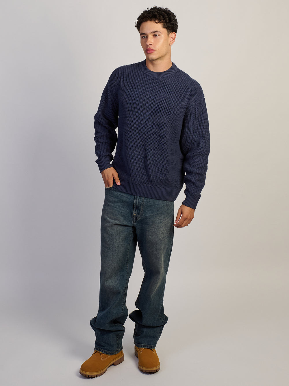 CHANDAIL À COL ROND KOLBY EN TRICOT WAFFLE - BLEU MARINE