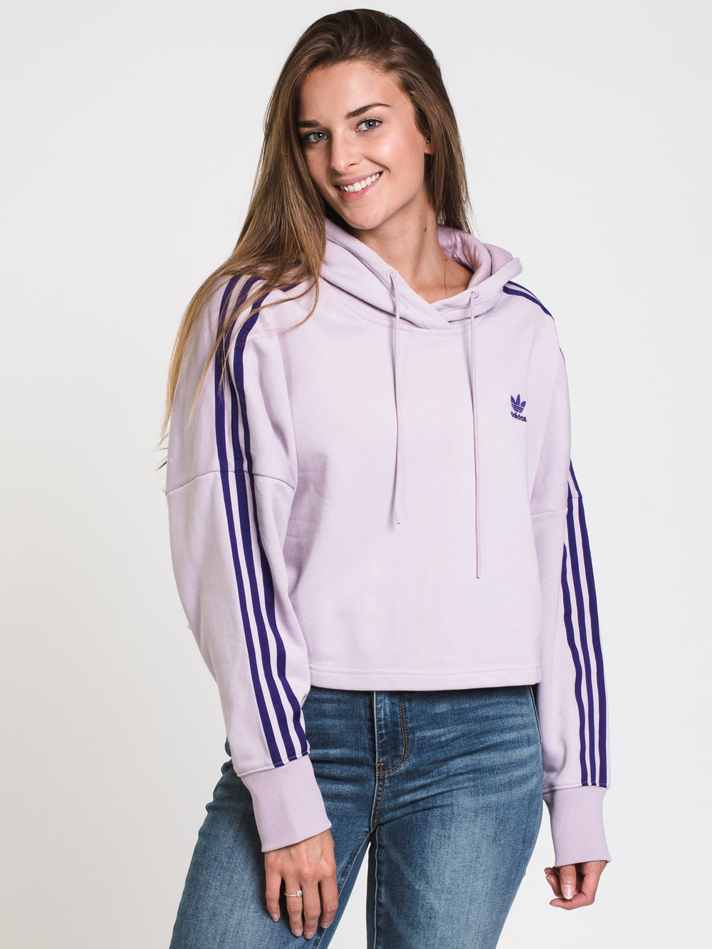 ADIDAS 3 STRIPE CUT OFF CROP PULLOVER HOODIE  - CLEARANCE