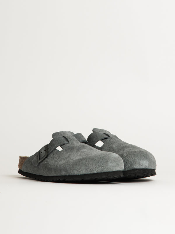 MENS BIRKENSTOCK BOSTON SOFT FOOTBED SUEDE SANDALS - REGULAR - BASALT GREY