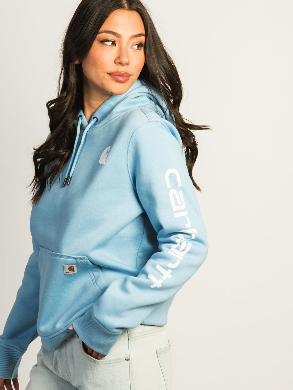 CARHARTT LOGO SLEEVE PULL OVER HOODIE - WATER