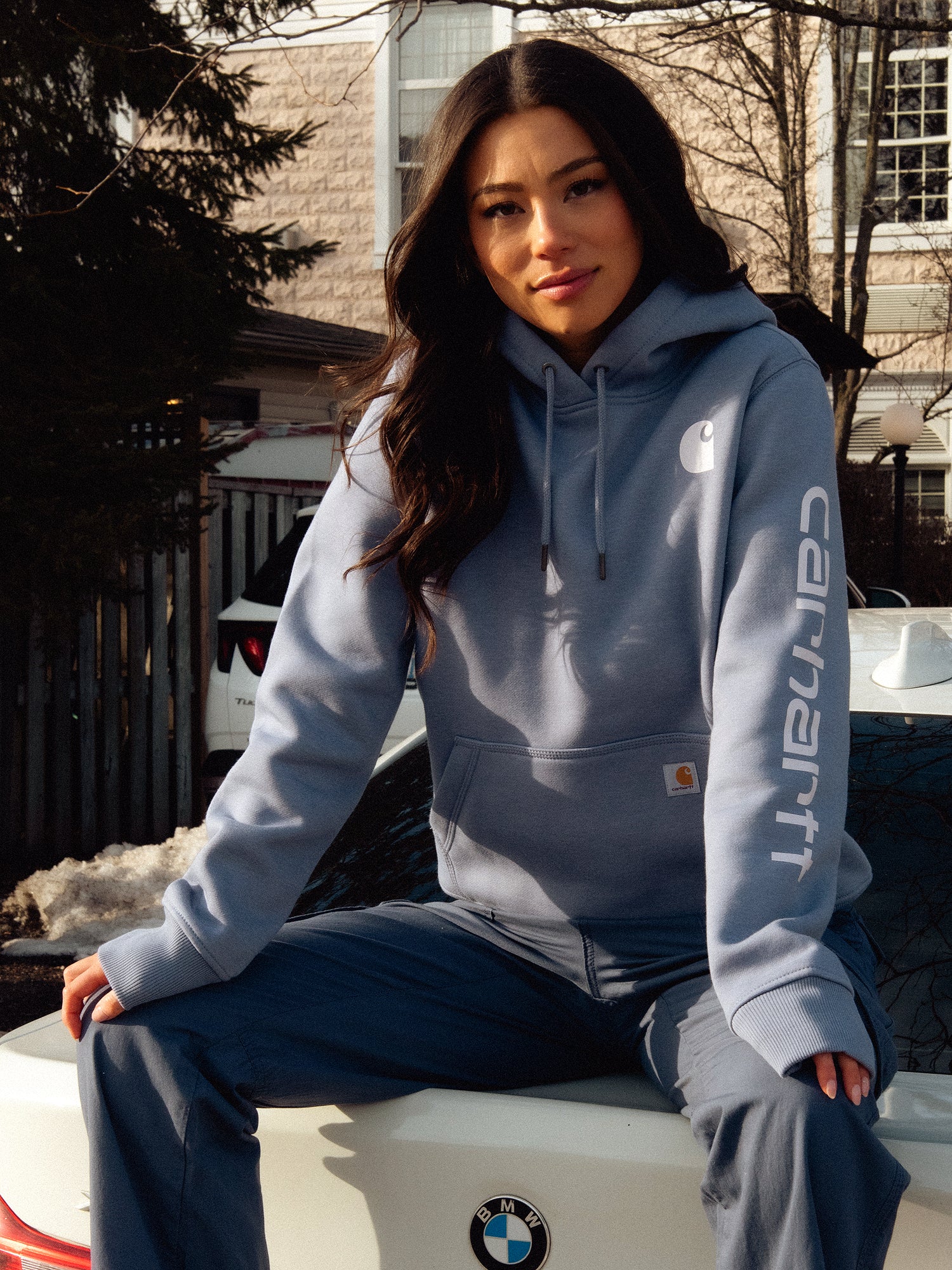 CARHARTT LOGO SLEEVE PULL OVER HOODIE WISTERIA