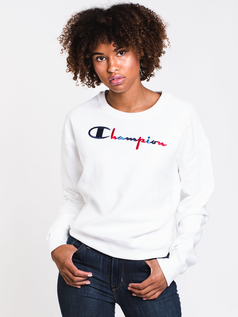 WOMENS 3COLOUR SCRIPT CREW - WHITE - CLEARANCE