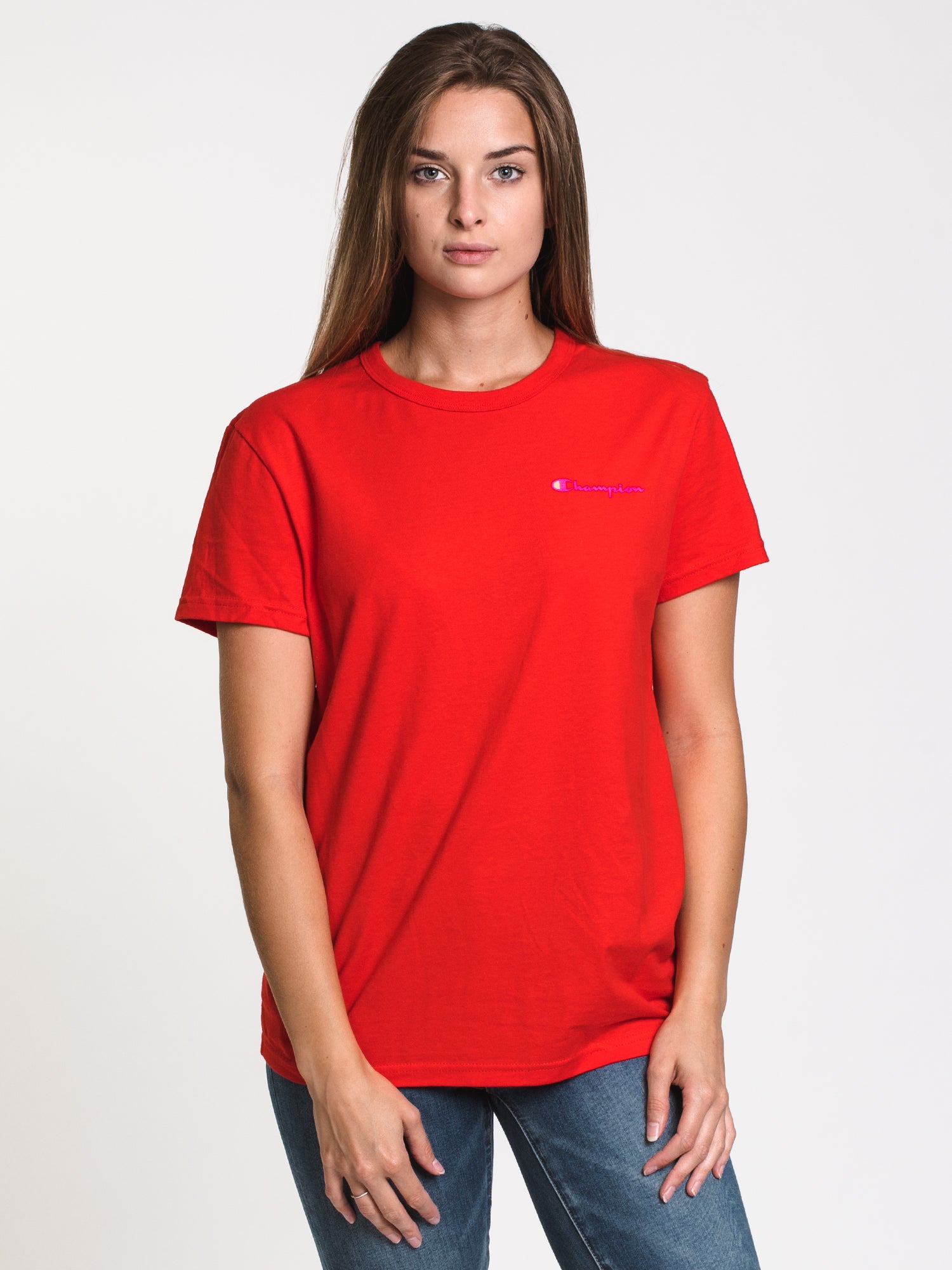 CHAMPION BOYFRIEND SHORT SLEEVE LEFT CHEST EMBROIDERED TEE CLEARANCE