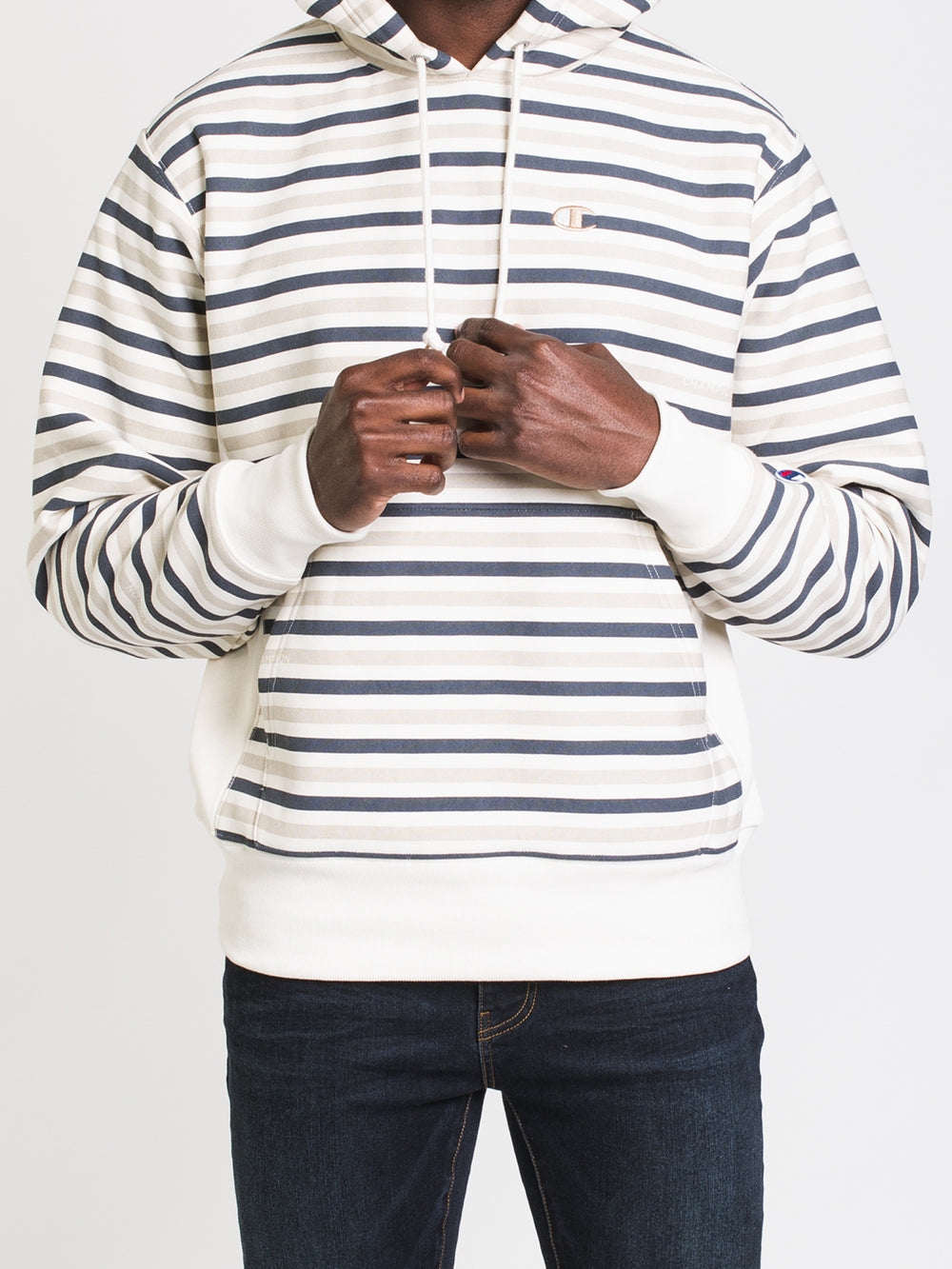 CHAMPION REVERSE WEAVE PULLOVER STRIPE HOODIE  - CLEARANCE