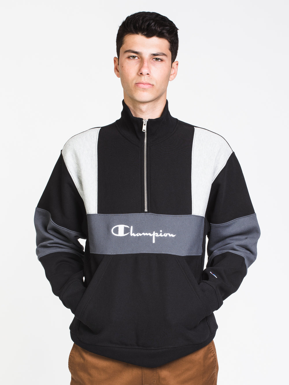 CHAMPION REVERSE WEAVE COLOUR BLOCK1/4 ZIP-BLACK - DÉSTOCKAGE