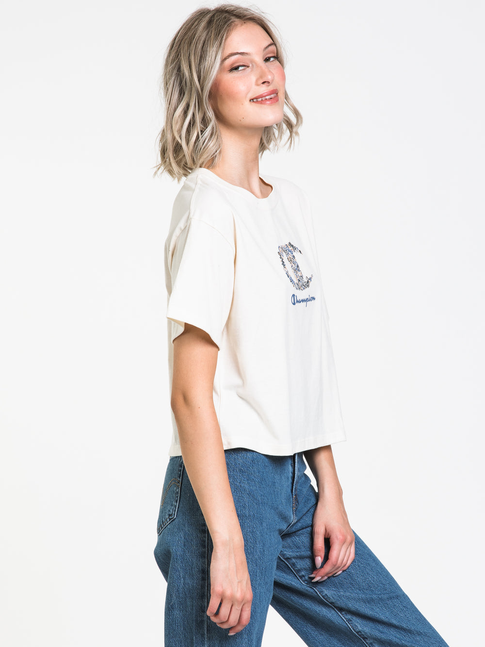 CHAMPION CROP SCRIPT BLOCKED TEE - CLEARANCE