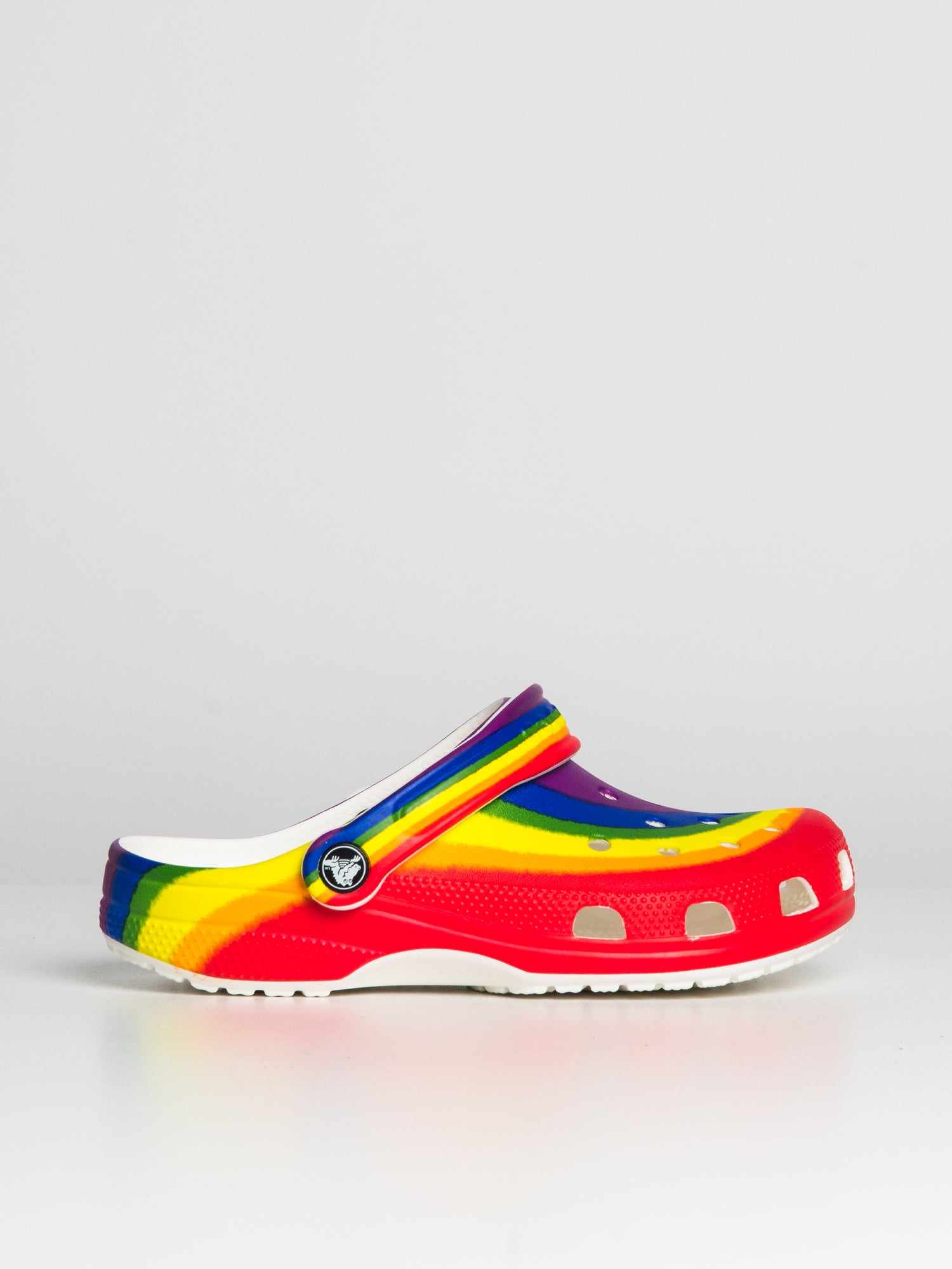 White crocs with deals rainbow writing